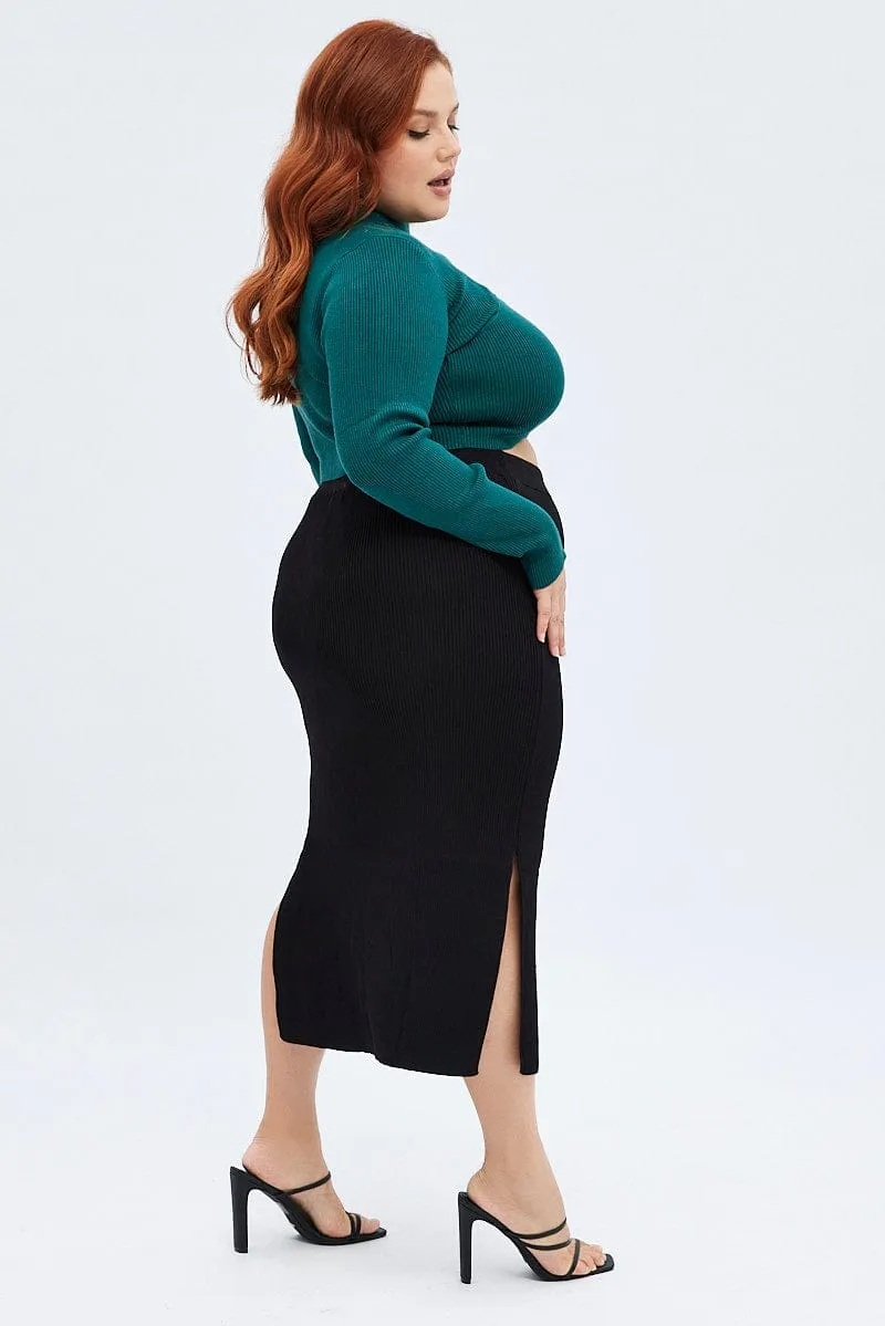 Double Layered Design Black Knit Skirt Midi Side Split