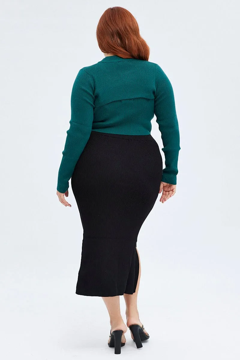 Black Knit Skirt Midi Side Split Unisex style Everyday Look