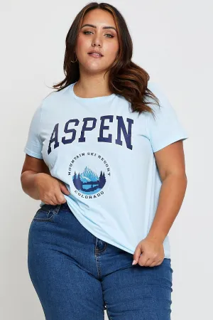 Blue Graphic T-shirt Aspen Crew Neck Short Sleeve Soft Layering