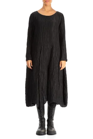 Flared Crinkled Black Silk Linen Dress ReinforcedHem Inner Glow