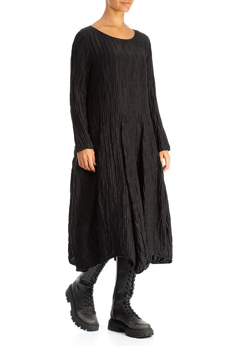 Flared Crinkled Black Silk Linen Dress Fire Core UniversalFit