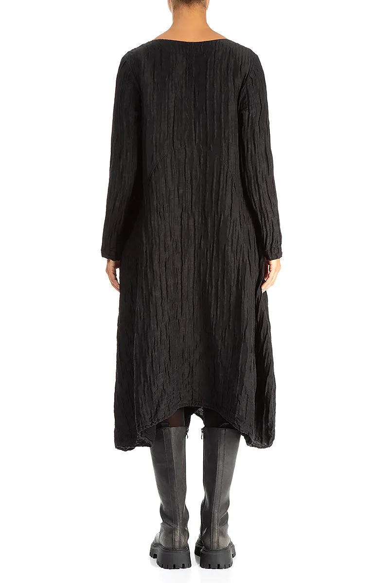 Flared Crinkled Black Silk Linen Dress NonRestrictiveFit