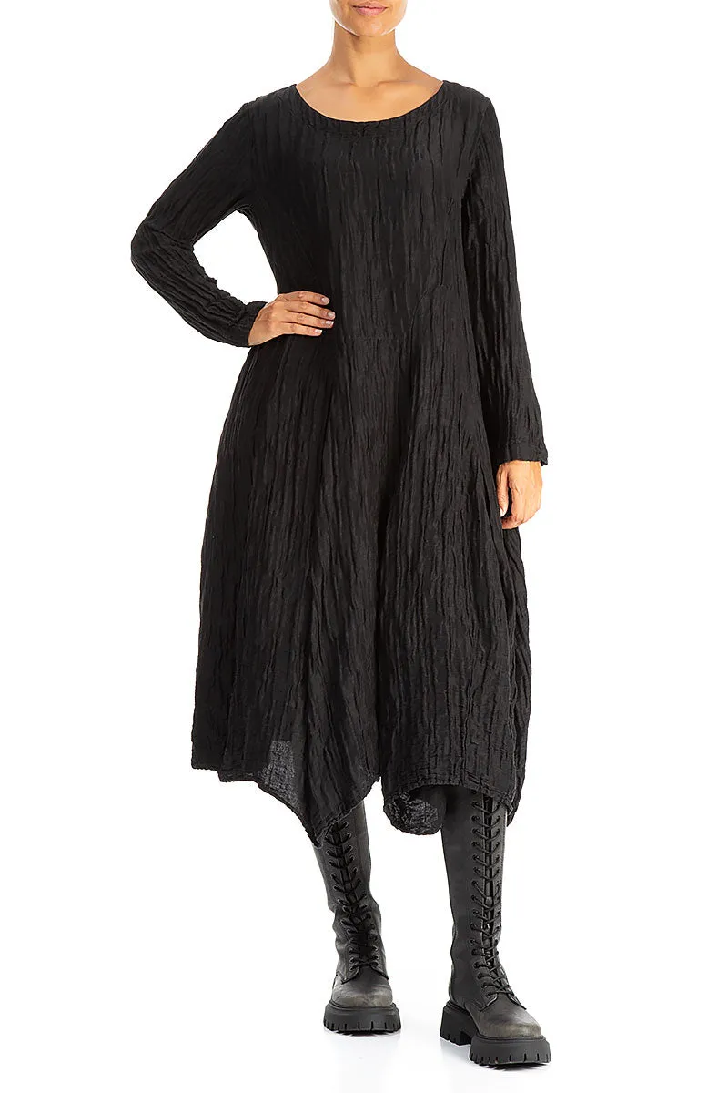 Kind Soul Stretch Ease Flared Crinkled Black Silk Linen Dress