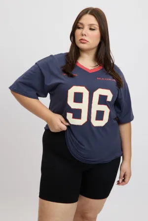Blue Graphic T-shirt Short Sleeve V-Neck Oversized Cashmere combination MoistureWickingFabric