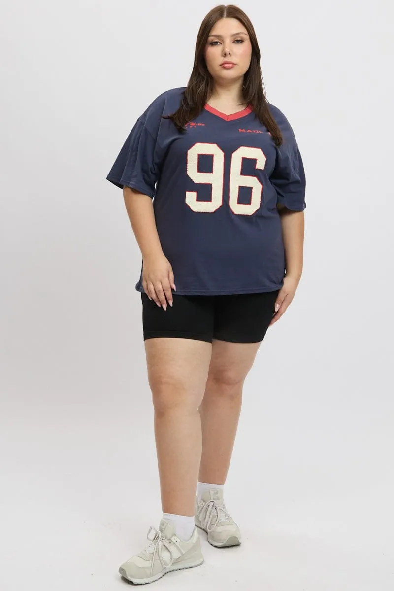 Casual Touch Office Casual Blue Graphic T-shirt Short Sleeve V-Neck Oversized