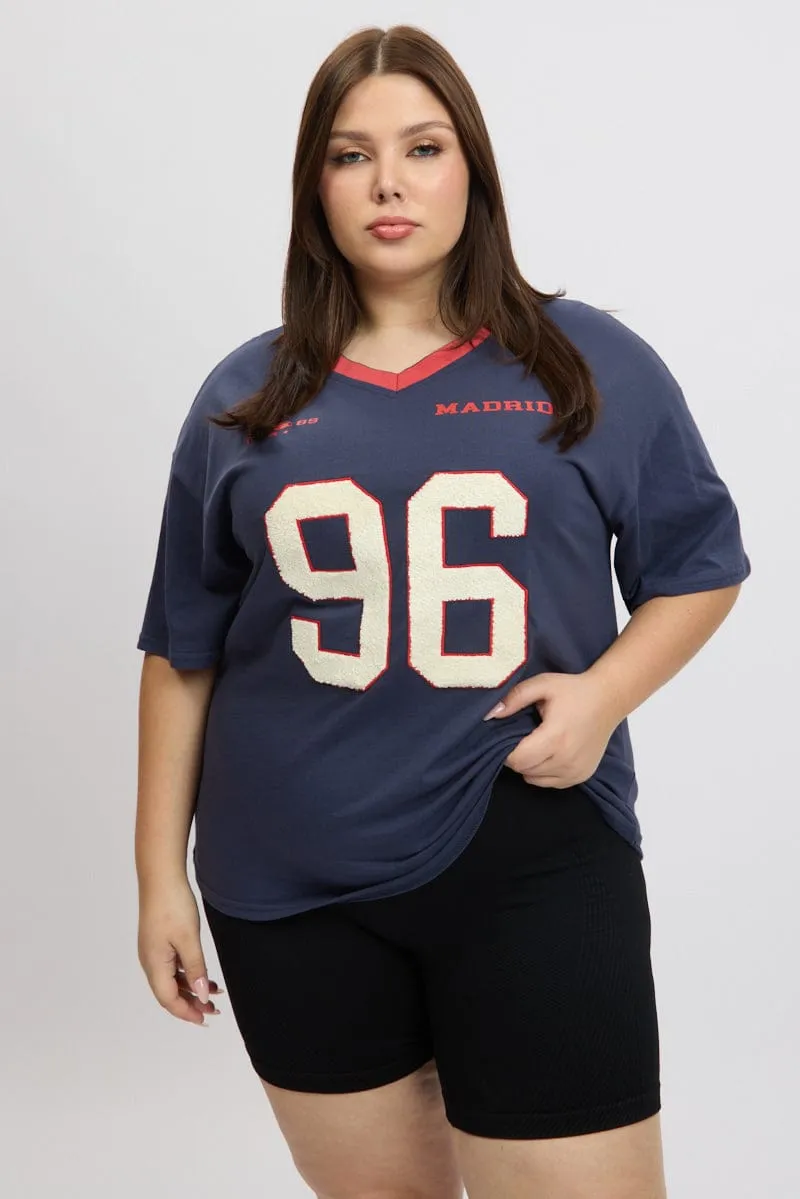 Active Trend Look Lightweight Material Blue Graphic T-shirt Short Sleeve V-Neck Oversized