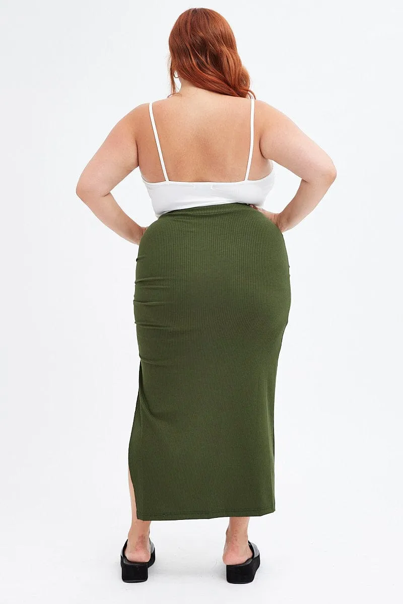 Leg Elongating Green Rib Jersey Side Gathering Midi Skirt