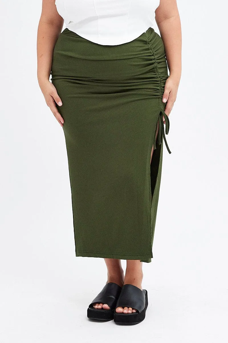 Recycled Material Contemporary Mood Green Rib Jersey Side Gathering Midi Skirt