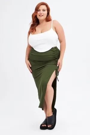 Cozy Finish Green Rib Jersey Side Gathering Midi Skirt
