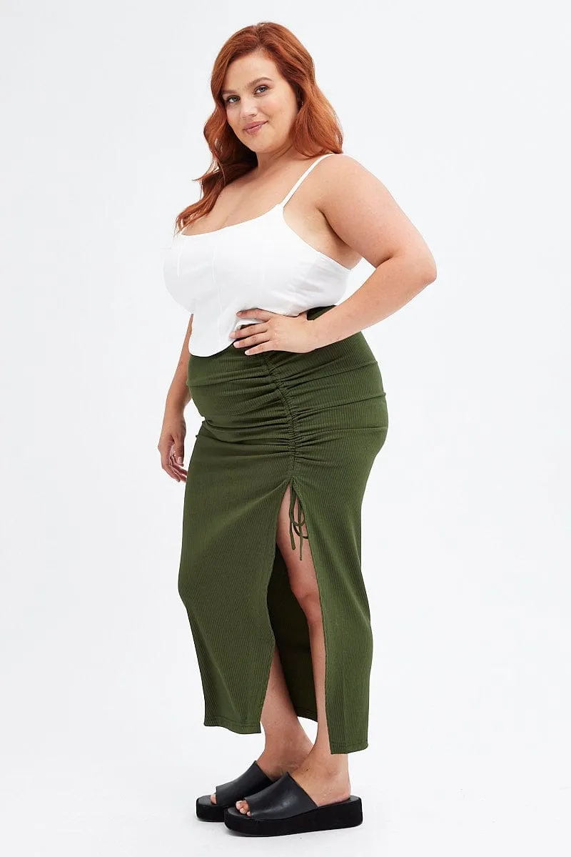Green Rib Jersey Side Gathering Midi Skirt Travel Ease
