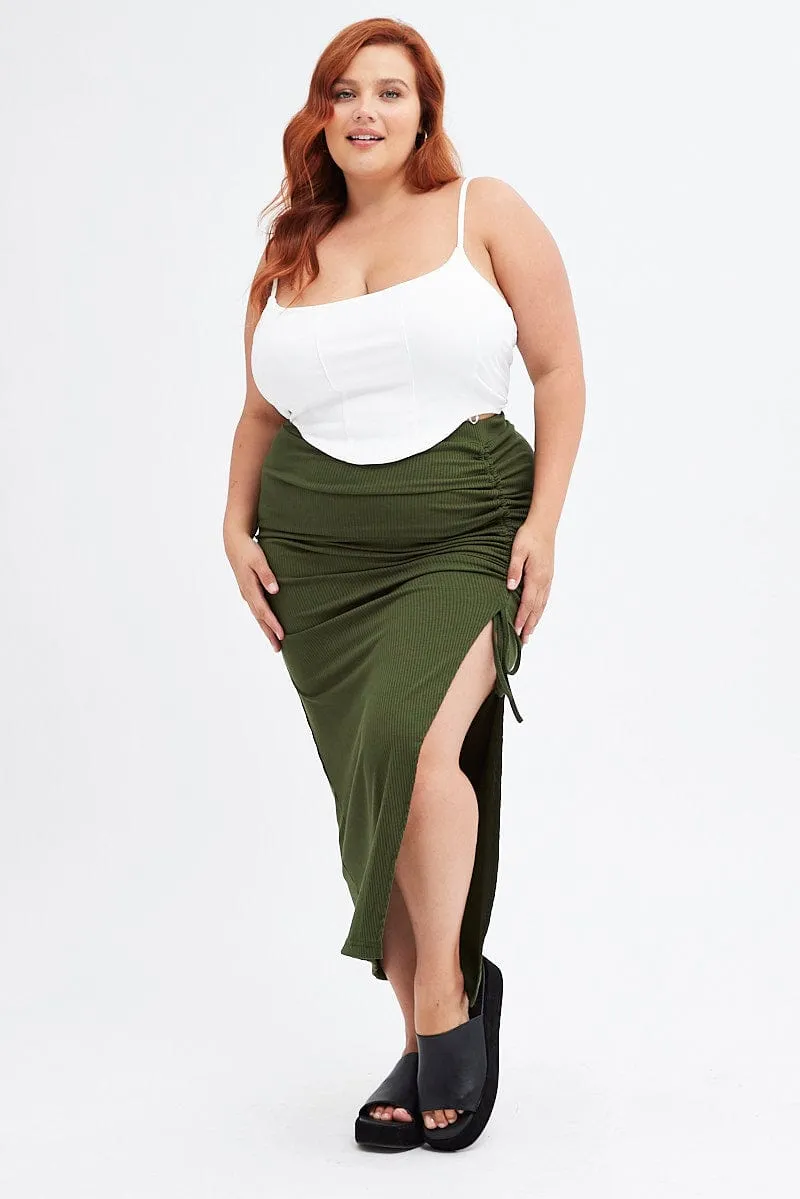Cozy Finish Green Rib Jersey Side Gathering Midi Skirt