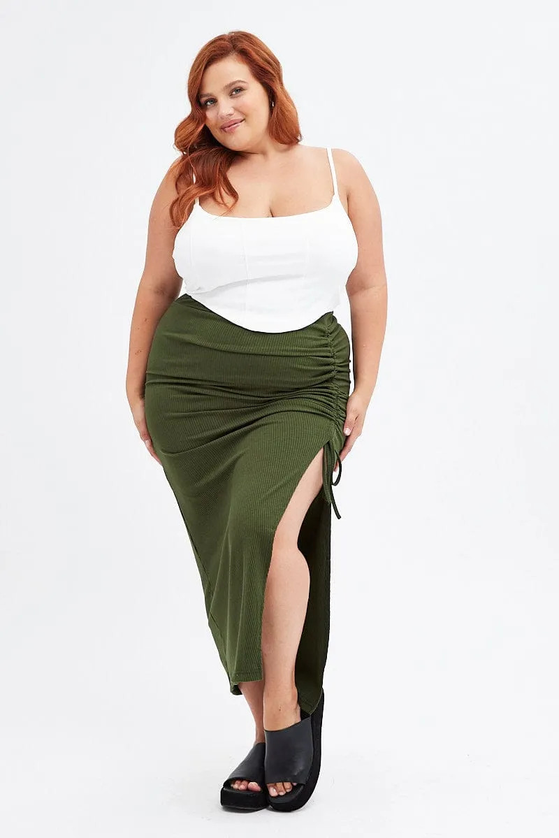 Button Fastenings Style Vibes Green Rib Jersey Side Gathering Midi Skirt