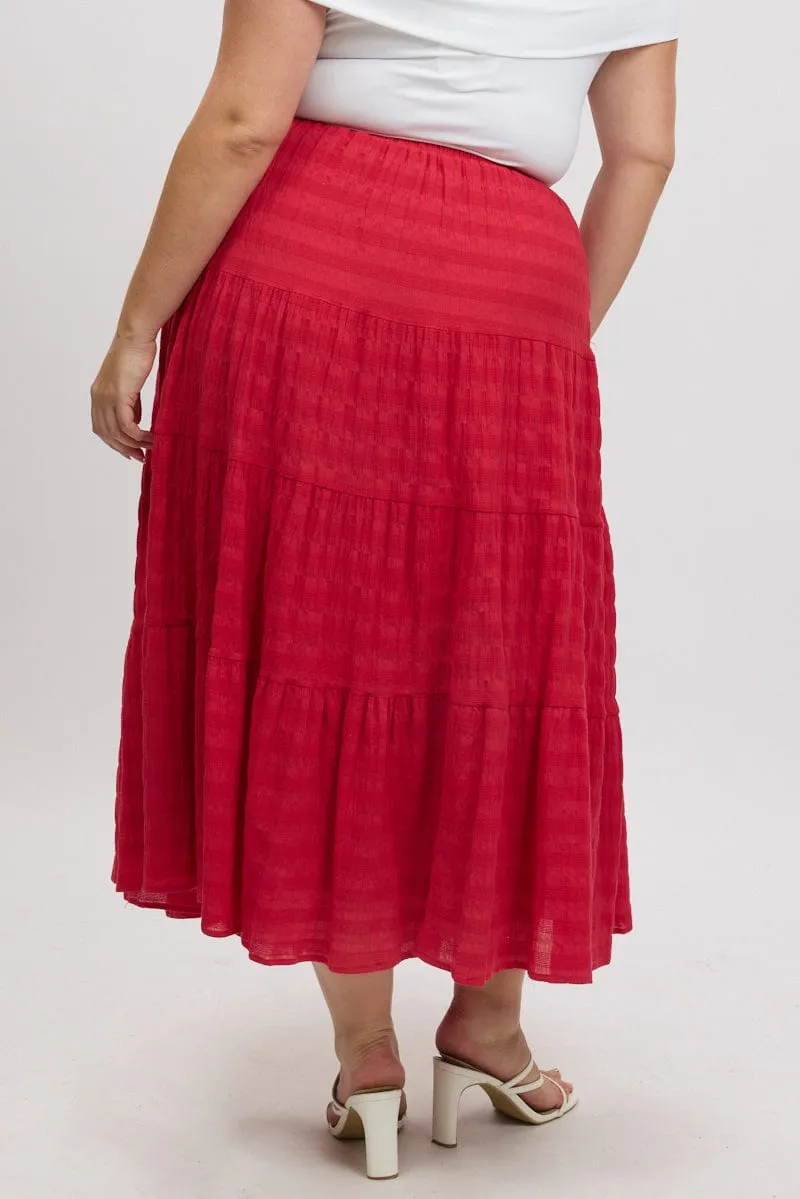 Red Textured Tiered Maxiskirt Everyday Wear