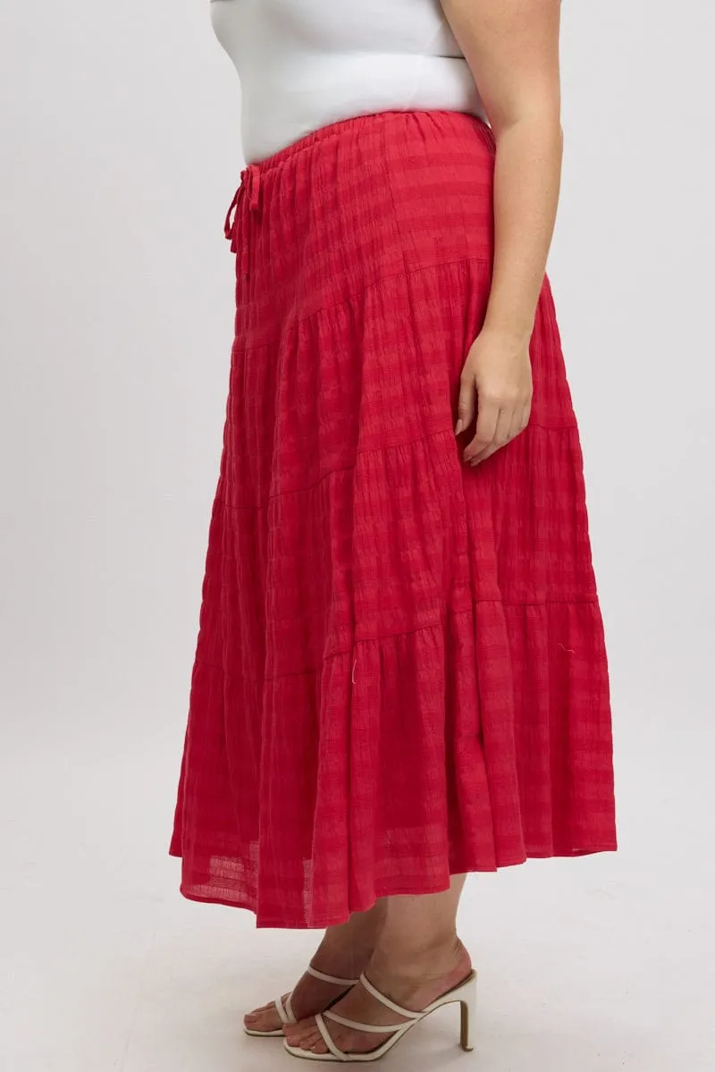 Stylish Finish Red Textured Tiered Maxiskirt