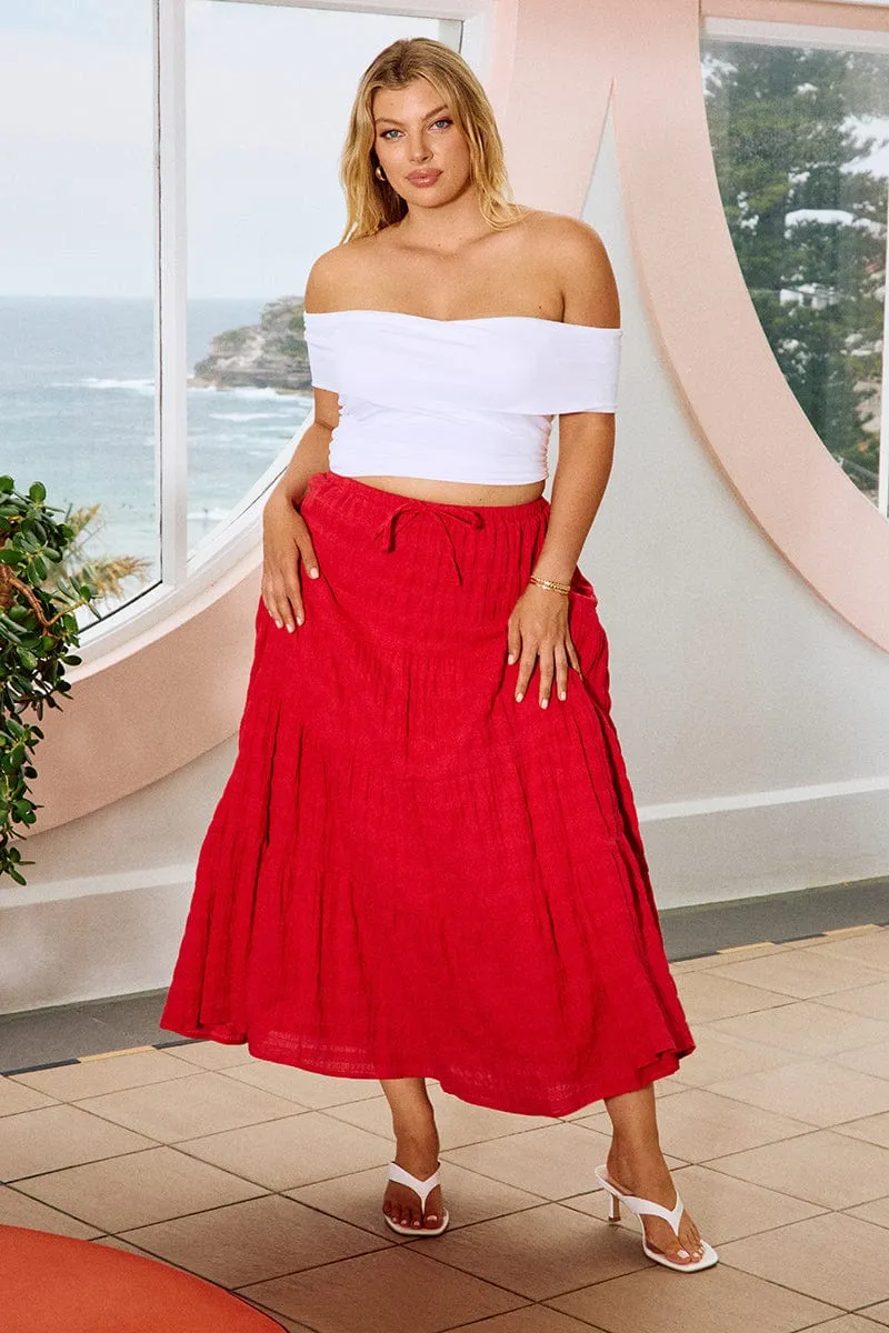 Red Textured Tiered Maxiskirt Geometric Print