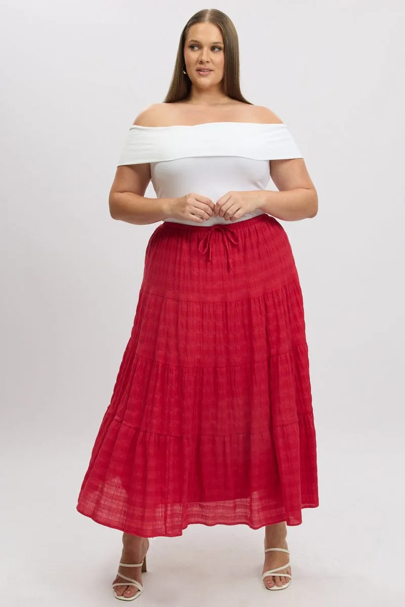 Evening Outing Neutral Look Red Textured Tiered Maxiskirt