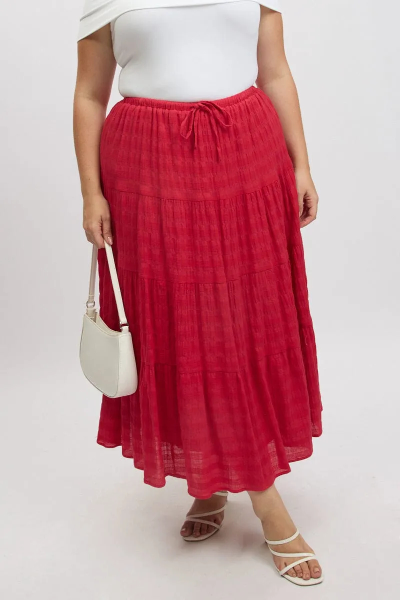 Red Textured Tiered Maxiskirt Classic Comfort Crisp Look