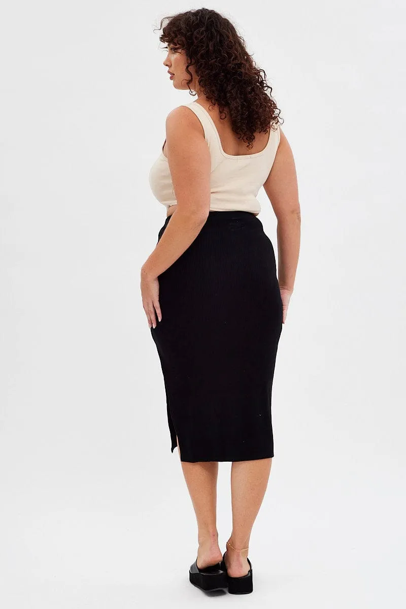 Cool Mood Black Rib Midi Skirt Drawstring Ruched