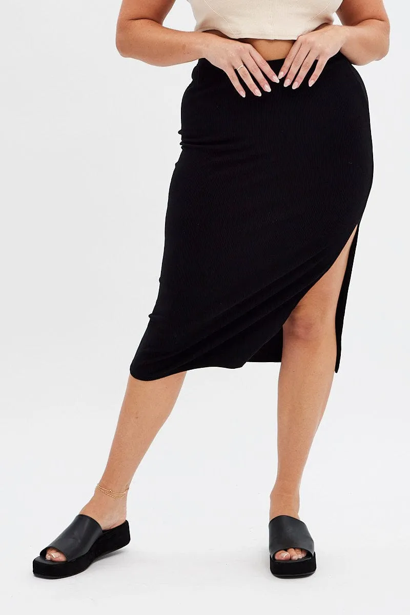Adjustable Fastening Hypoallergenic fabric Black Rib Midi Skirt Drawstring Ruched