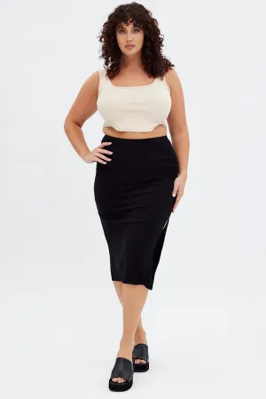 Black Rib Midi Skirt Drawstring Ruched Couture Inspired