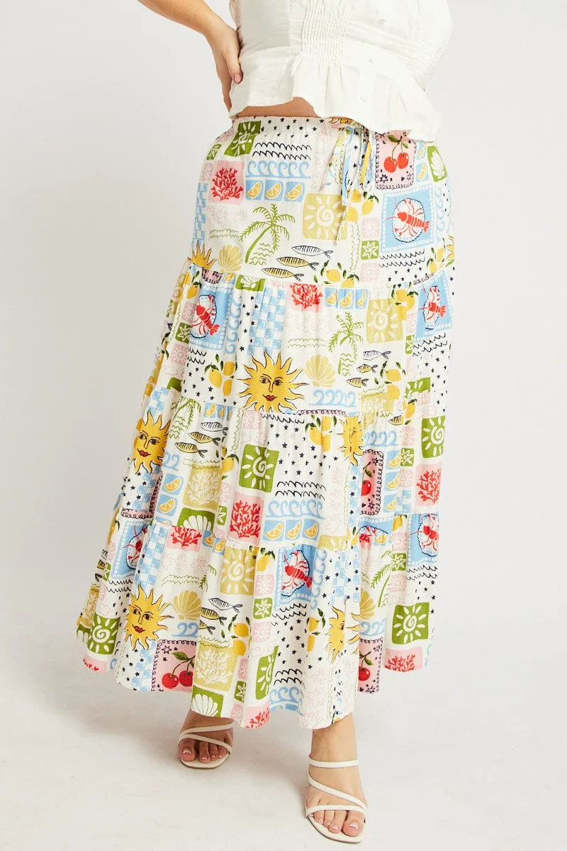 Simple Look Multi Abstract Elastic Waist Linen Blend Tiered Maxiskirt