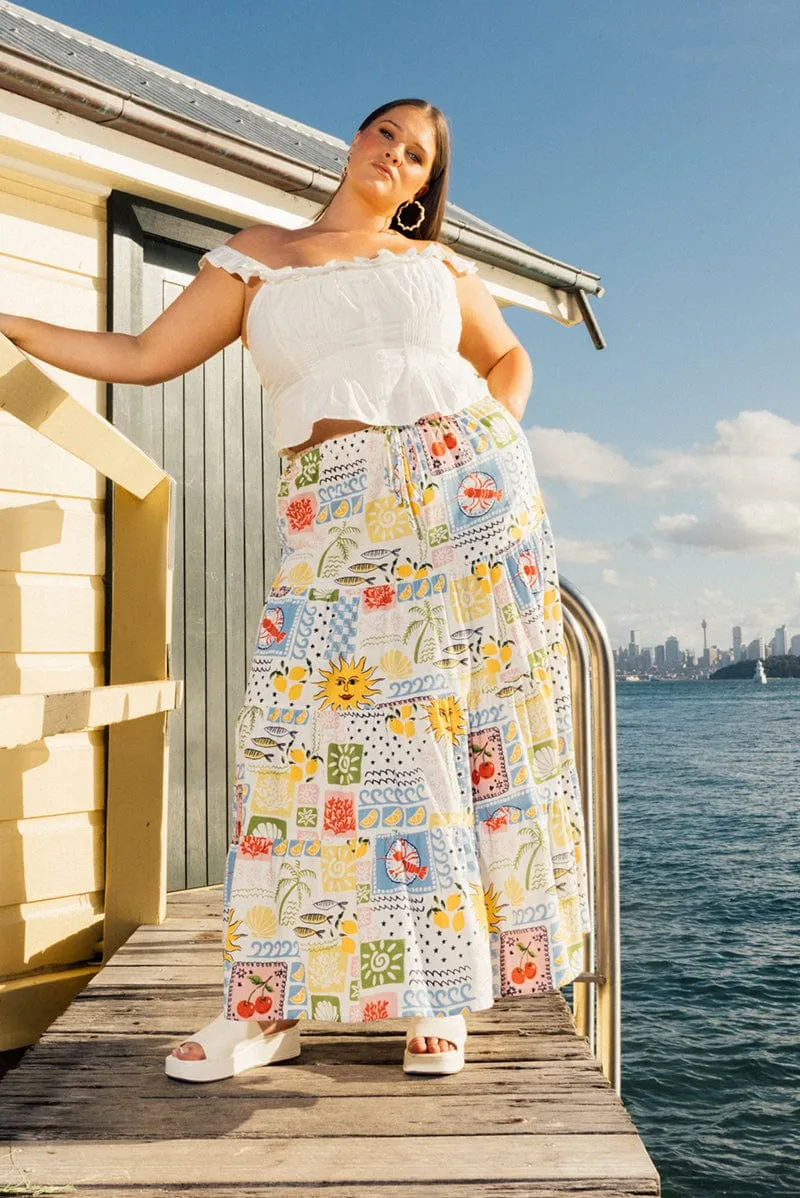 Department Store Style Feminine Charm Multi Abstract Elastic Waist Linen Blend Tiered Maxiskirt