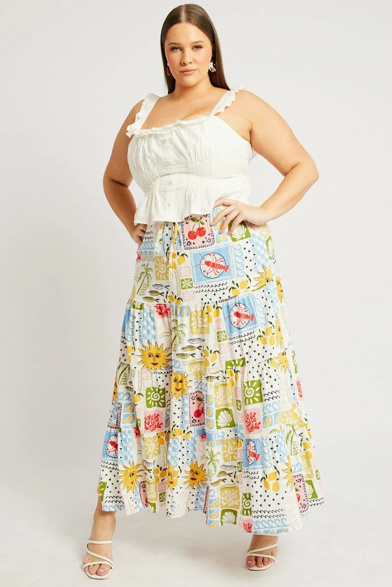 Multi Abstract Elastic Waist Linen Blend Tiered Maxiskirt Wrinkle Resistant Laid Back Look