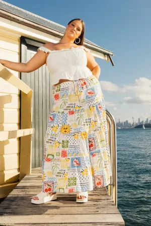 Department Store Style Feminine Charm Multi Abstract Elastic Waist Linen Blend Tiered Maxiskirt