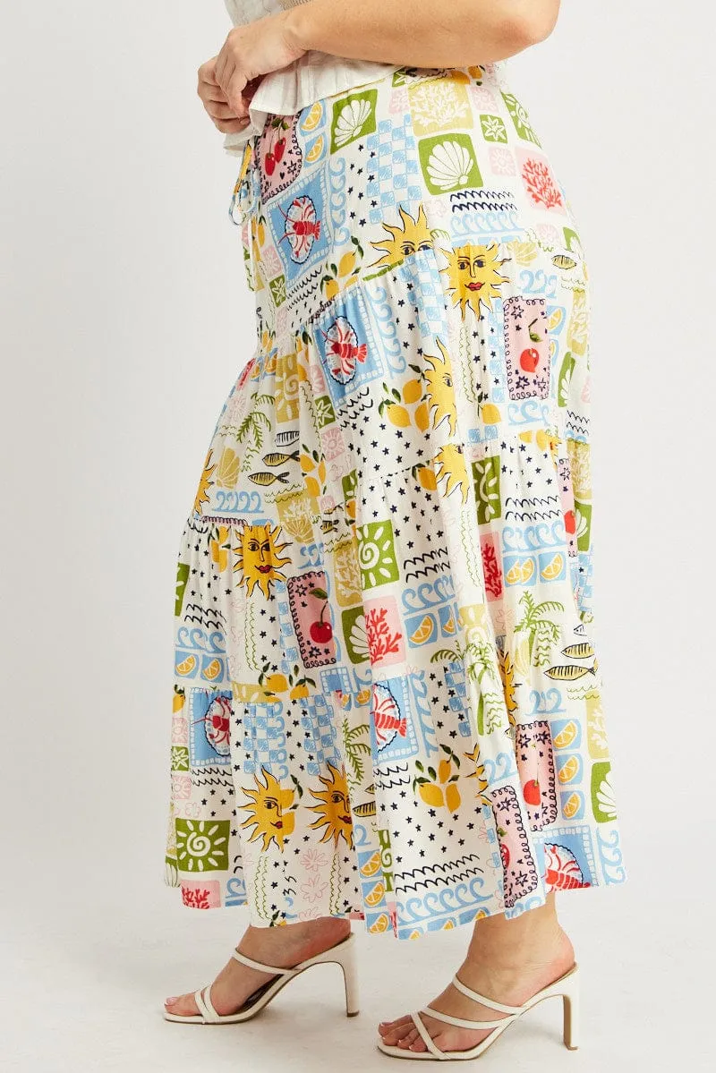 Multi Abstract Elastic Waist Linen Blend Tiered Maxiskirt Comfy Look Water Repellent Finish