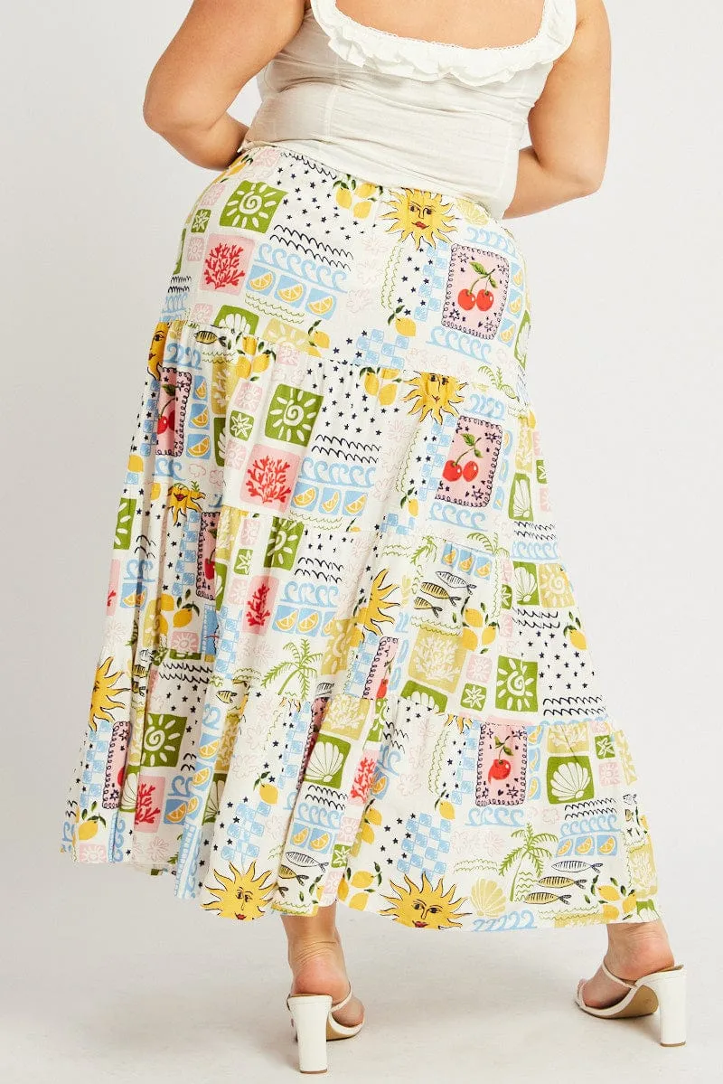 Multi Abstract Elastic Waist Linen Blend Tiered Maxiskirt Wardrobe Basics