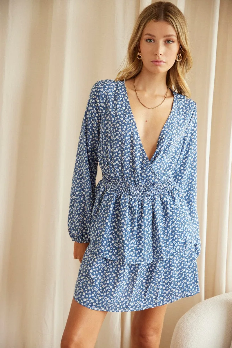 Sleek fit-and-flare style Print Mini Dress Long Sleeve V Neck