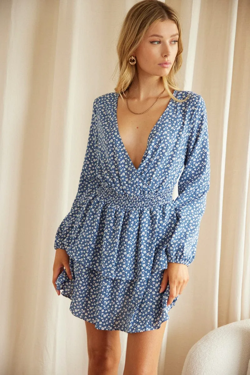 High Energy Chic Style Wear Print Mini Dress Long Sleeve V Neck