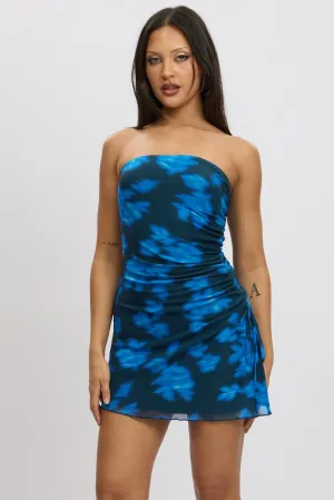 Bar Hopping Youthful Vibe Blue Abstract Strapless Dress Mini Mesh