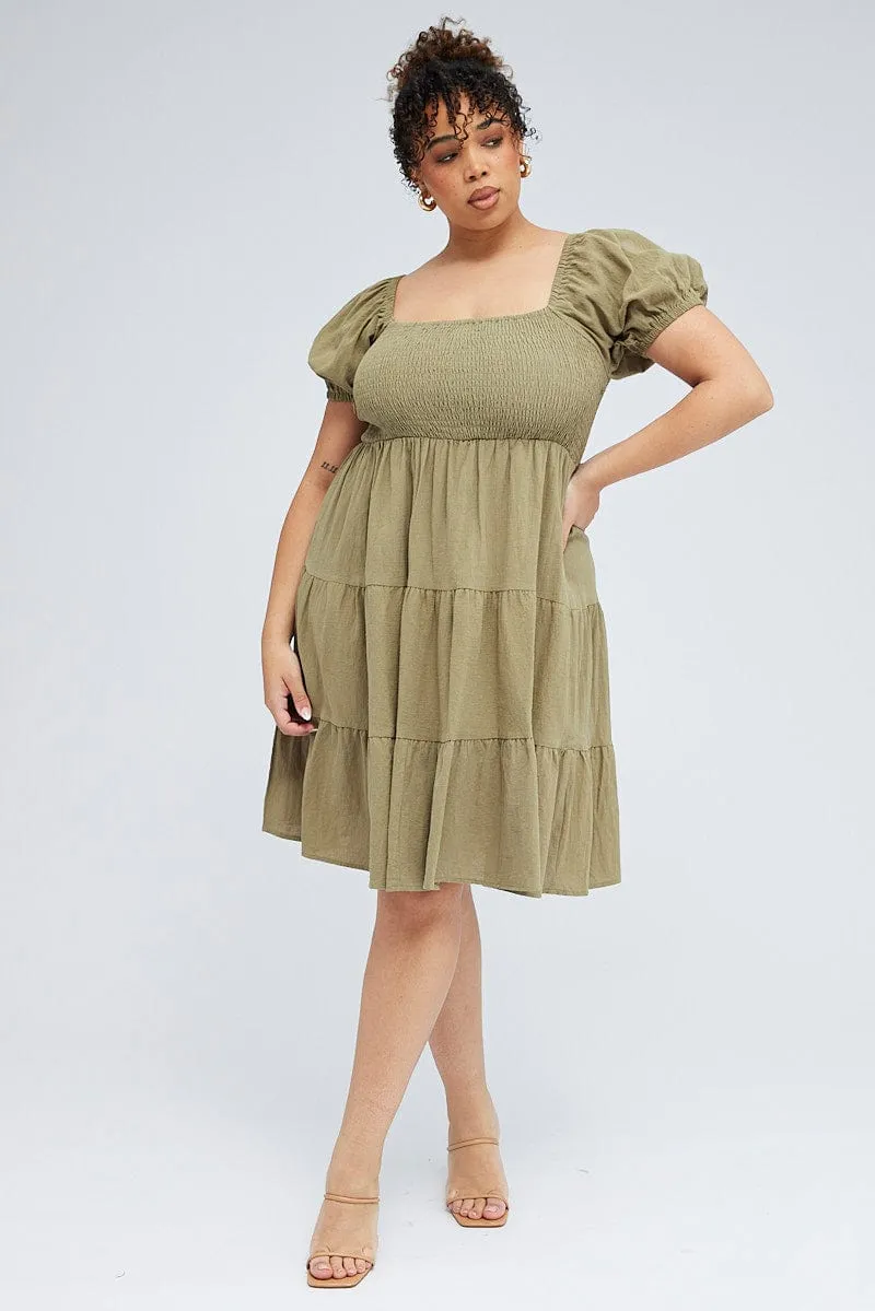 Green Mini Dress Tiered Shirred Bust Puff Sleeve Soft fabric mini Stage Star