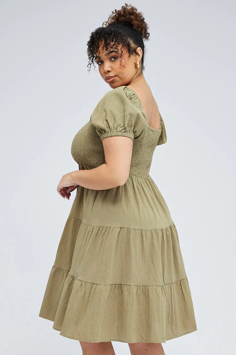 Adjustable Ties Green Mini Dress Tiered Shirred Bust Puff Sleeve