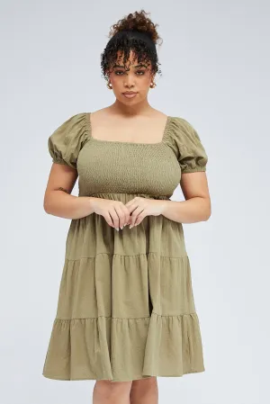 Twist Front Draping Vibrant Wear Green Mini Dress Tiered Shirred Bust Puff Sleeve