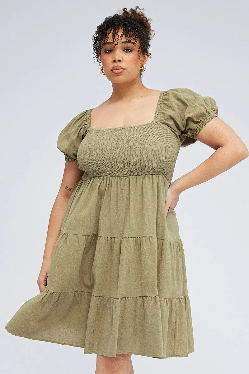 Green Mini Dress Tiered Shirred Bust Puff Sleeve Match Fast