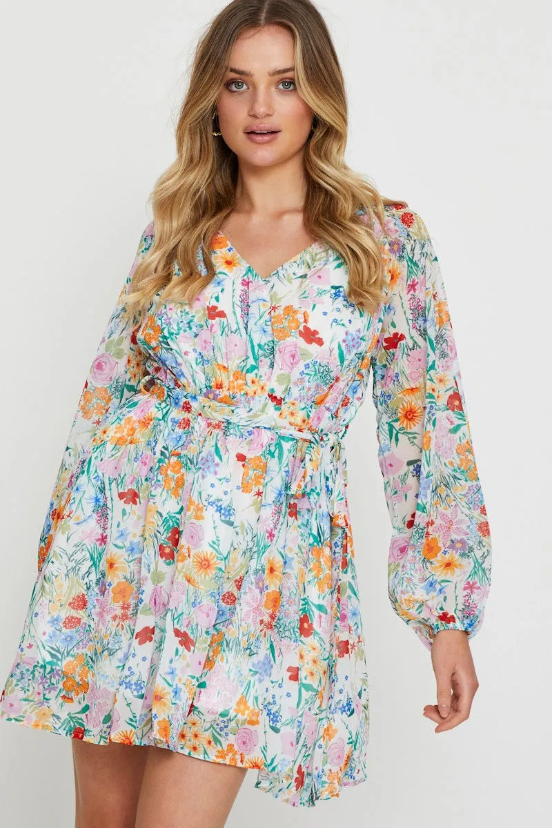 Print Mini Dress Long Sleeve Party Beat