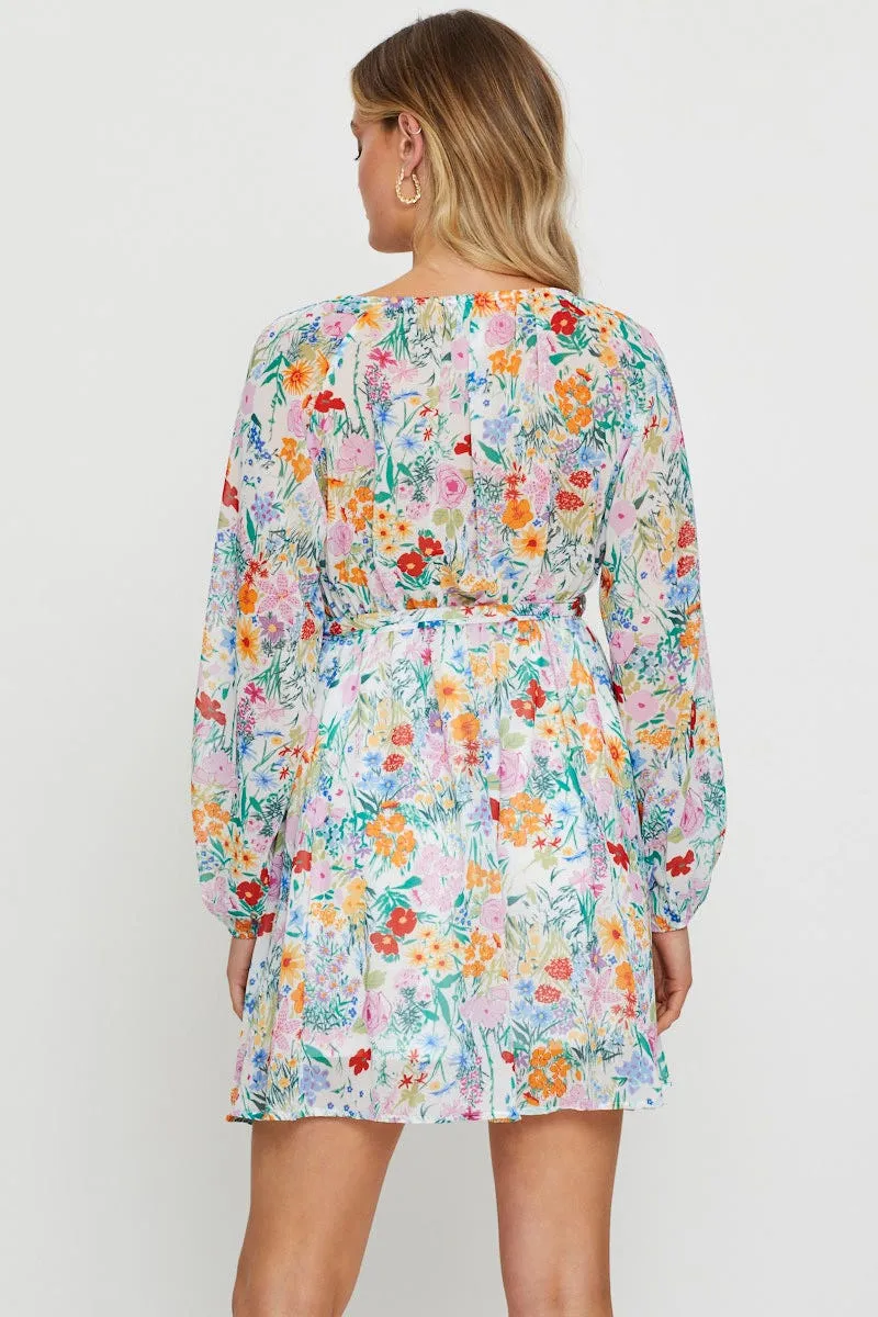 Print Mini Dress Long Sleeve Leg Show boho vibe