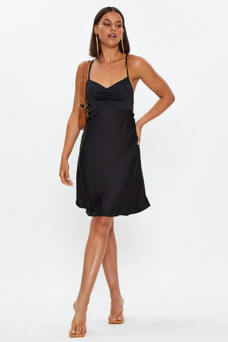 Fun Look Black Strappy Satin Slip Mini Dress