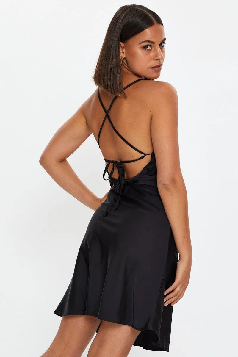 Black Strappy Satin Slip Mini Dress Stylish mini with ruffles