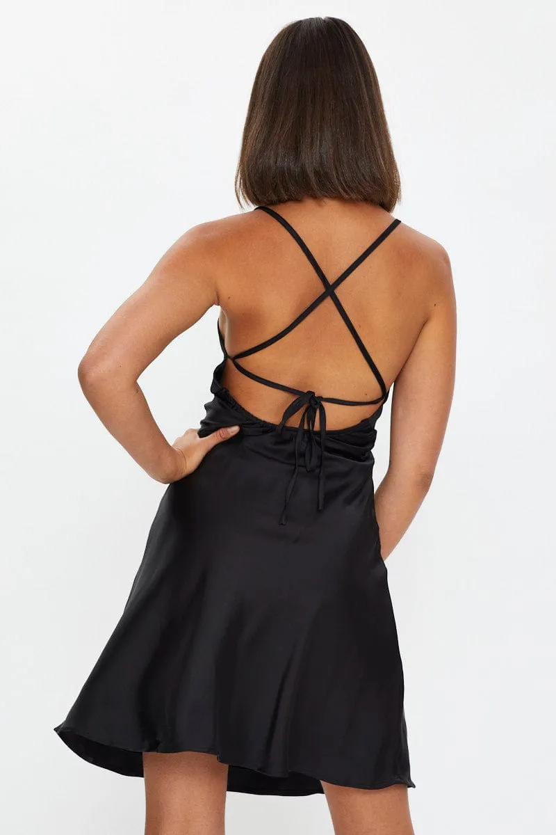 Black Strappy Satin Slip Mini Dress Cutout Back Detailing Party Edge