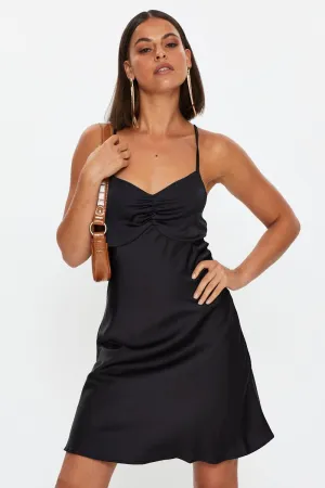 Black Strappy Satin Slip Mini Dress Lightweight Weave Curvy Love
