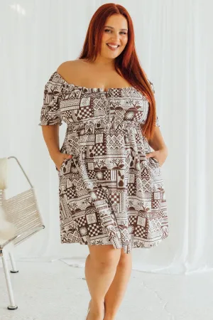 Shiny Tone Sexy Soul Brown Abstract Mini Dress Puff Sleeve Linen Blend