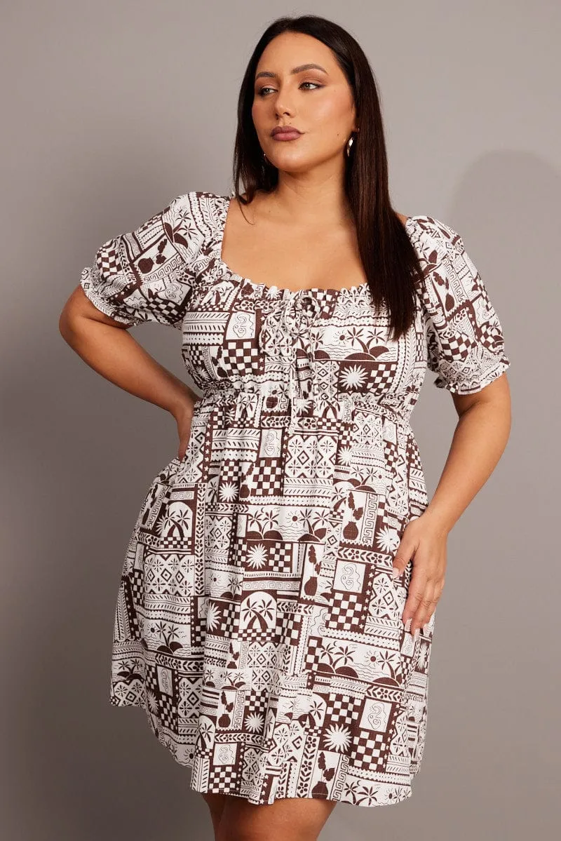 Hot Rush Brown Abstract Mini Dress Puff Sleeve Linen Blend