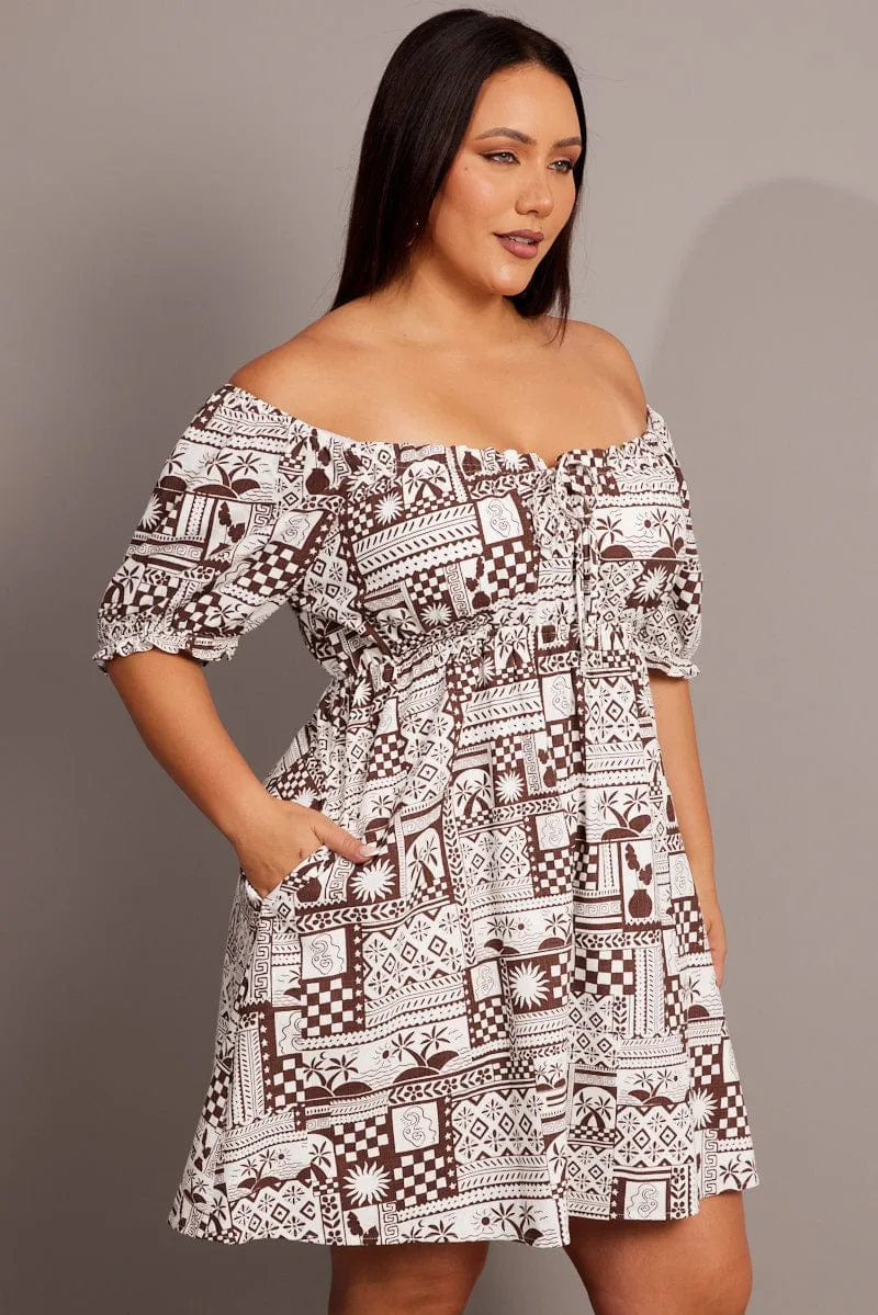 Shine Warm Brown Abstract Mini Dress Puff Sleeve Linen Blend