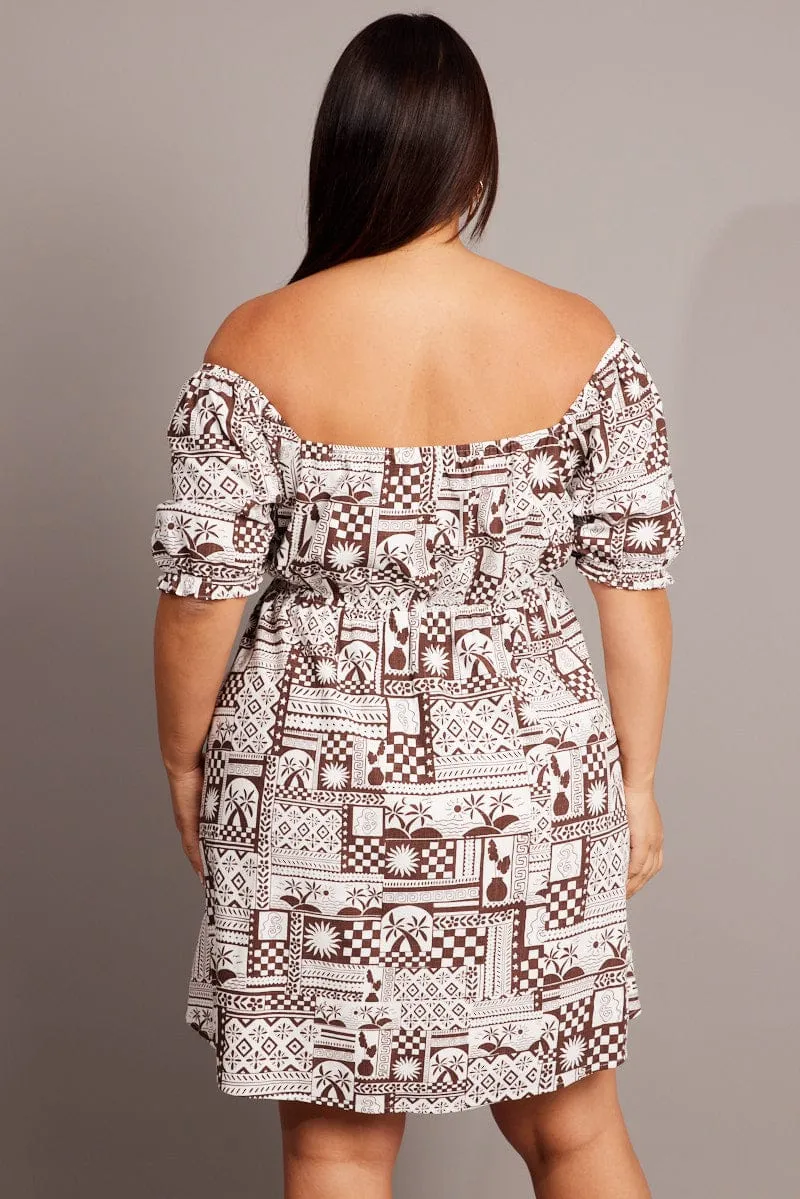 Brown Abstract Mini Dress Puff Sleeve Linen Blend Show Skin Star Rush
