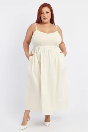 Beige Midi Dress Sleeveless Poplin Skirt Polished Look Low Impact Dye