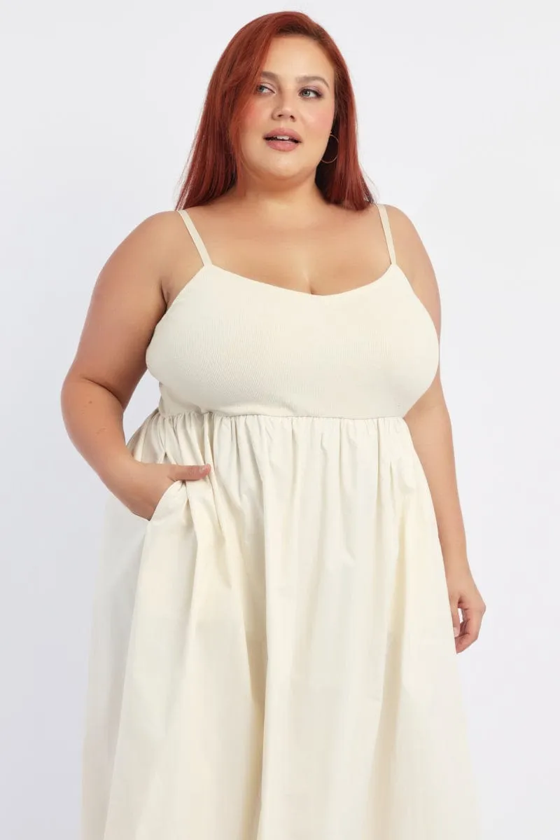 flowy silhouette Glamorous Appeal Beige Midi Dress Sleeveless Poplin Skirt
