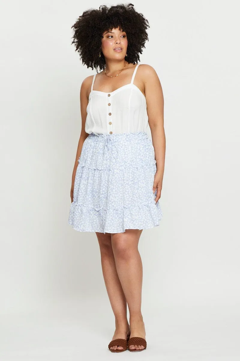 Striped Design Floral Print Mini Skater Skirt Elastic Waist